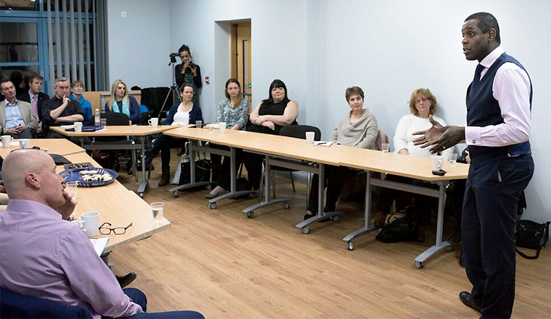 Julian Okoye addresses a meeting of Bristol Small Business Forum.