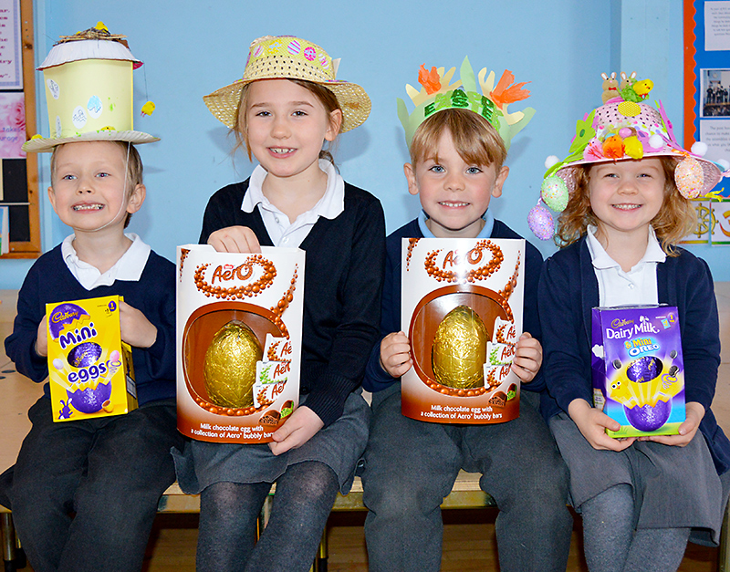 Winners of the Easter Bonnet competition at St Chad's Primary School, Stoke Lodge, Bristol. L-r: Macs Rakowski (Y1), Scarlett Burley (Y2), Henry Webb (EYFS) and Elsie Brunt (EYFS).