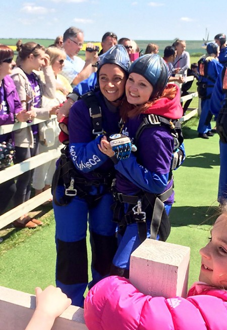 Jo Hancock and Sherri Webber on a charity skydive for the Jessie May Trust.