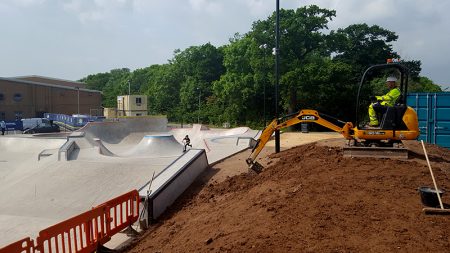 Staff from MetroBus contractors Alun Griffiths Ltd help landscape the area surrounding the new skate park at Bradley Stoke Leisure Centre.