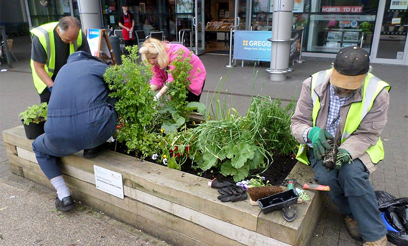 Bradley Stoke in Bloom volunteers tend a planter at the Willow Brook Centre on their June workday.