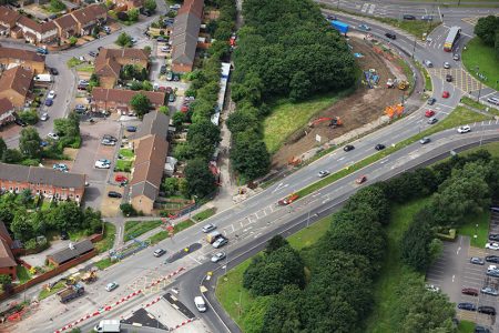 Aerial view of MetroBus construction work on Bradley Stoke Way, near the Aztec West Roundabout.