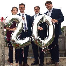 Celebrations to mark the 20th anniversary of Baileys Court Primary School, Bradley Stoke. L-r: Julie Barnett (teacher and lead for anniversary celebrations), Martin Telfer (deputy headteacher), Andrew Davey (governor) and Andrew Lynham (headteacher).