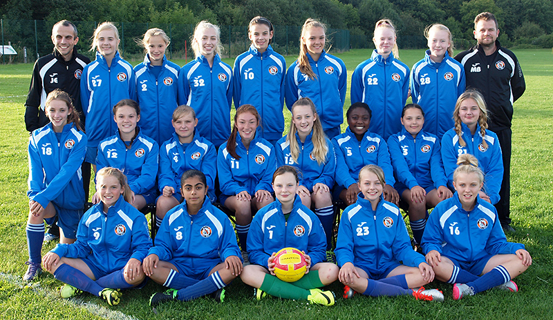 Bradley Stoke Youth FC U14 Girls team in match day jackets provided courtesy of The Physio Clinic.