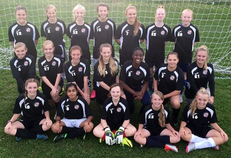 Bradley Stoke Youth FC U14 Girls team in training tops provided courtesy of Muzzy's Kebabs.