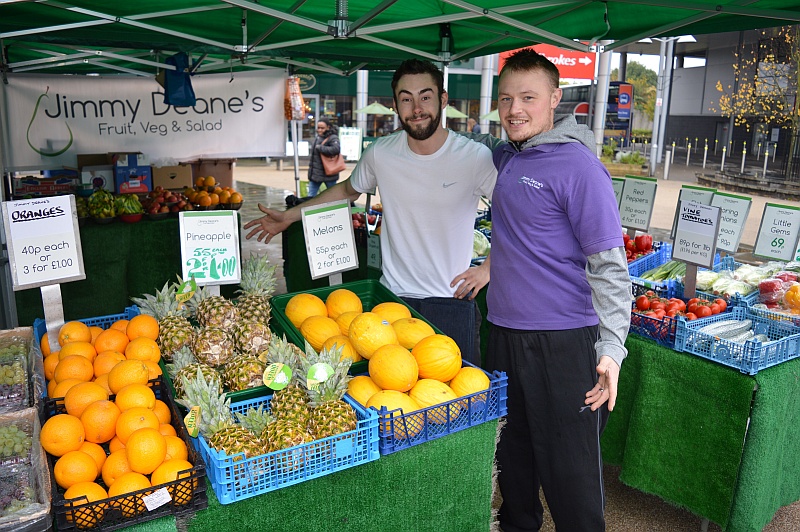Opening day (Monday 24th October 2016) for the Jimmy Deane's Fruit, Veg & Salad stall in the town square at the Willow Brook Centre, Bradley Stoke, Bristol.