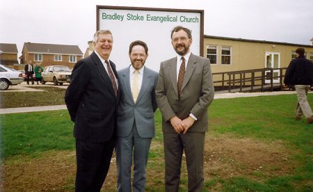 Bradley Stoke Evangelical Church: Official opening of the Portakabin for church services in November 1991. L-r: Eric Olsen; Fred Goodger (representative of FIEC) and Mike Hawkins.
