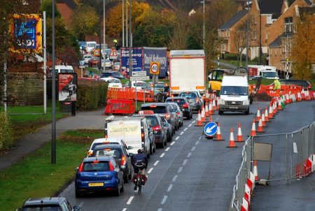 Traffic congestion on Bradley Stoke Way, caused by the MetroBus roadworks.