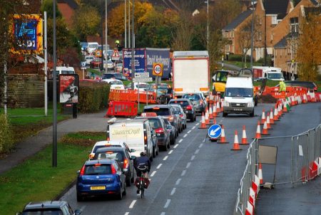 Traffic congestion on Bradley Stoke Way, caused by the MetroBus roadworks.