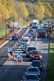 Traffic management on Bradley Stoke Way during MetroBus construction work.