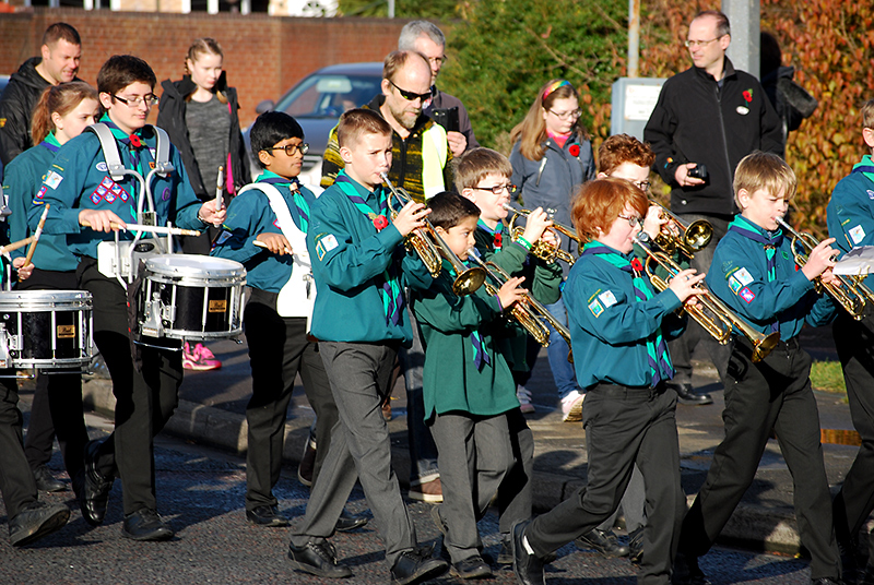 Marching band of the 1st Bradley Stoke Scout Group in the 2016 Remembrance Day parade.