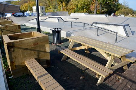 New wooden benches and planters installed at Bradley Stoke Skate Park during a day of voluntary work.