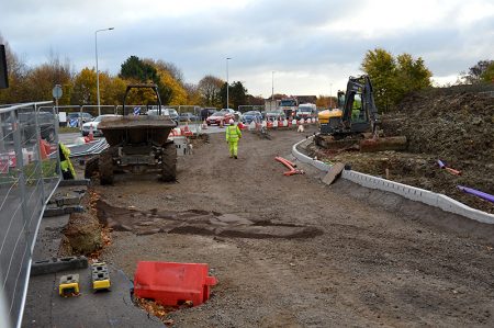 Construction of a new bus filter lane between Bradley Stoke Way and the southbound A38 at the Aztec West Roundabout, as par of the North Fringe to Hengrove MetroBus project.