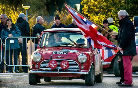 Paddy Hopkirk prepares to wave away a competitor in the Bradley Stoke stage of the 2016 RAC Rally of the Tests.