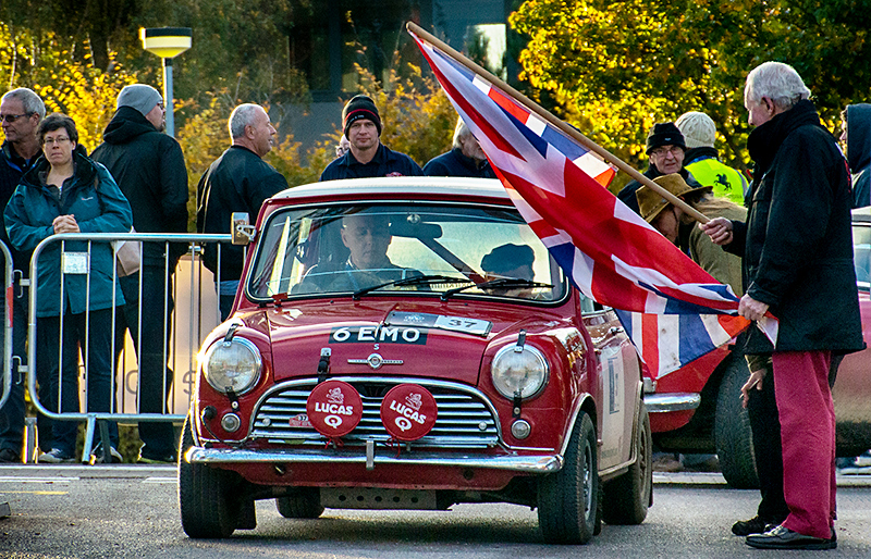 Paddy Hopkirk (right) prepares to wave away a competitor in the Bradley Stoke stage of the 2016 RAC Rally of the Tests.