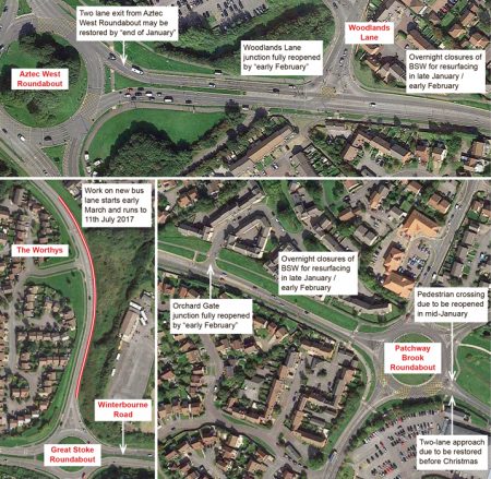 Annotated maps of MetroBus roadworks in Bradley Stoke.