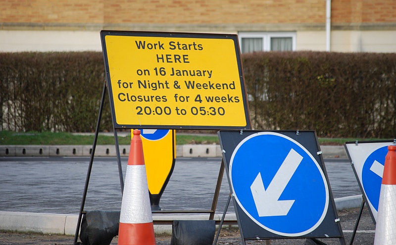 Sign advertising planned overnight and weekend closures of Bradley Stoke Way during January 2017. The road closures are associated with construction of the North Fringe to Hengrove Package MetroBus route.