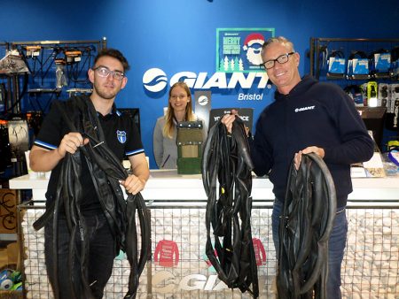 Staff at Giant Bristol donate inner tubes to the Three Brooks Nature Conservation Group.