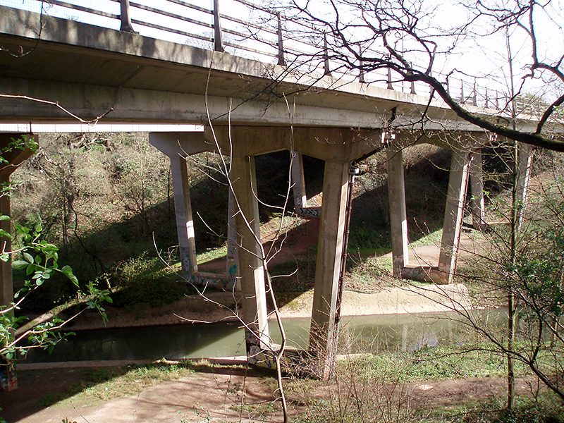 The two Bromley Heath Viaducts which carry the A4174 Ring Road over the River Frome.
