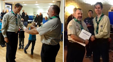Neil Raaff (left) and Richard Shepherd (right) being presented with Wood Badges by Clive Mason (Group Scout Leader, 1st Bradley Stoke).