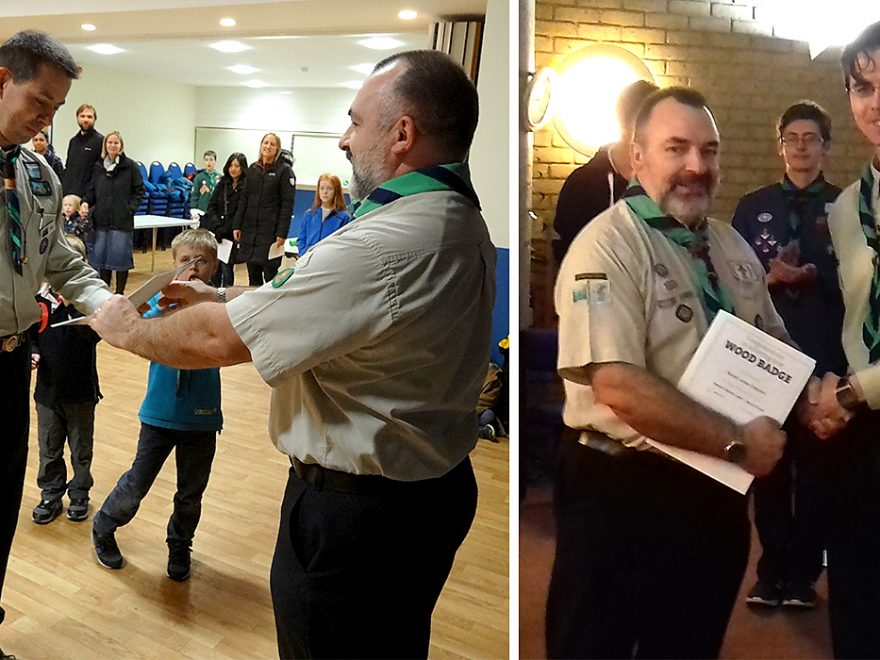 Neil Raaff (left) and Richard Shepherd (right) being presented with Wood Badges by Clive Mason (Group Scout Leader, 1st Bradley Stoke).