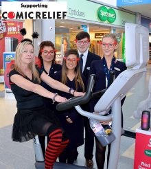 Photo of Specsavers staff taking part in an exercise-a-thon to raise funds for Comic Relief.