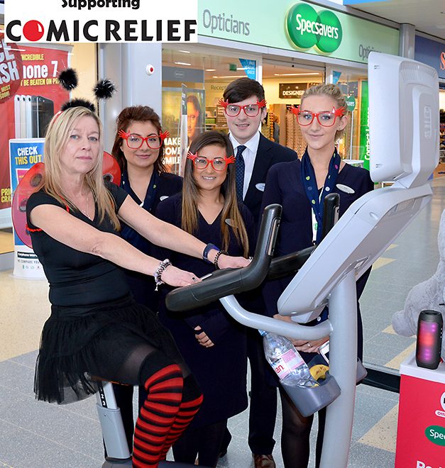 Photo of Specsavers staff taking part in an exercise-a-thon to raise funds for Comic Relief.