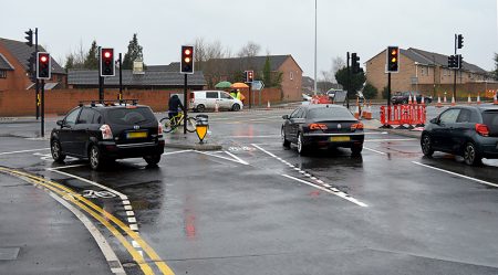 The Woodlands Lane junction with Bradley Stoke Way, fully reopened after being closed for 559 days for MetroBus roadworks.