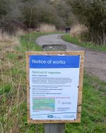 Notice warning of 'removal of vegetation' associated with the Frome Valley Relief Sewer project in the Three Brooks Local Nature Reserve, Bradley Stoke.