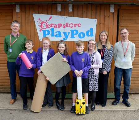 Representatives from sponsors Greencore Prepared Meals visit the Scrapstore PlayPod at Wheatfield Primary School, Bradley Stoke, Bristol.
