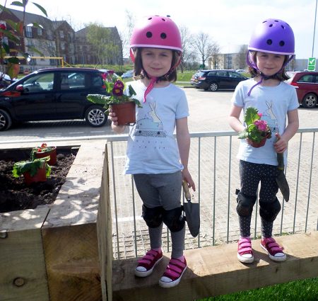 Photo of Lola and Darcy helping Bradley Stoke in Bloom volunteers at the skate park.