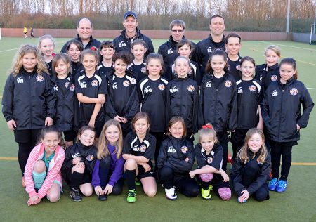 Photo of Bradley Stoke Youth FC girls in training kit sponsored by AV Birch Limited.