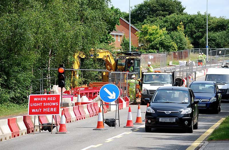 Photo of temporary traffic lights in operation between the Great Meadow and Great Stoke roundabouts.