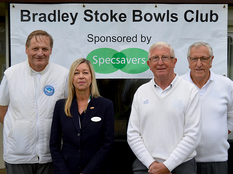 Photos of Julie Rafferty (Specsavers Bradley Stoke) with members of the bowls club.