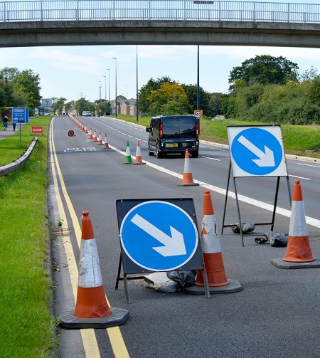 Photo of coned-off bus lane on Bradley Stoke Way, near Primrose Bridge.