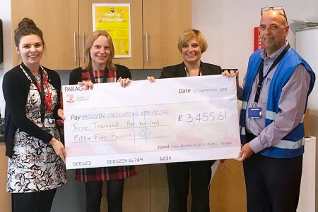 Photo of charity cheque presentation at Paragon Customer Communications, Bradley Stoke.