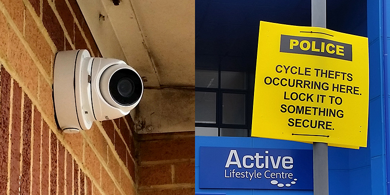 Photo of CCTV camera and warning signage at Bradley Stoke Leisure Centre.