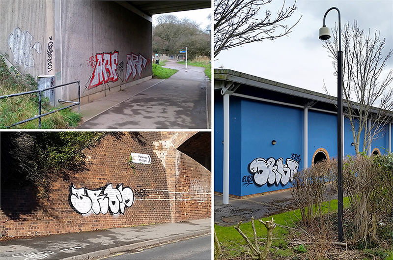Photos of tagging-style graffiti in Bradley Stoke and Stoke Gifford.