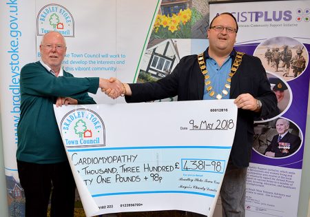 Photo of Cllr Andy Ward presenting a charity cheque to Steve Holliday, south west representative for Cardiomyopathy UK.