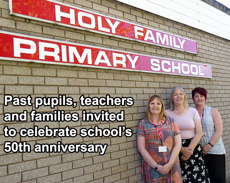Photo of staff at Holy Family RC Primary School. L-r: Alison Bush (teaching assistant), Anne Collins (administrator) and Caroline Carter (head).
