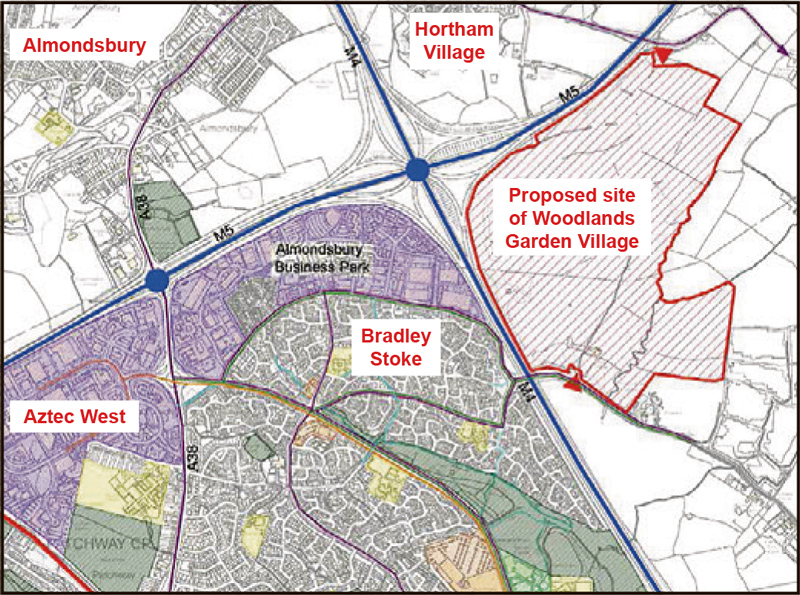 Map showing the site of the proposed Woodlands Garden Village.