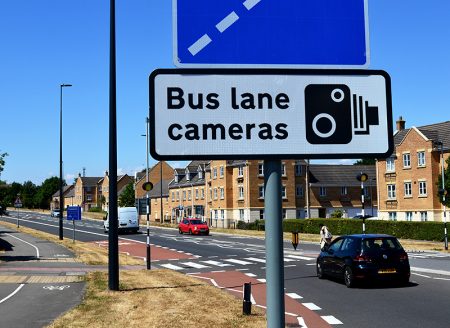 Photo of a sign warning of bus lane cameras on Bradley Stoke Way.