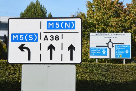 Photo of two road signs on the A38 nortbound between Aztec West and M5 J16.