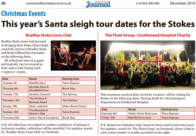2018 Santa sleigh tour dates for Bradley Stoke.