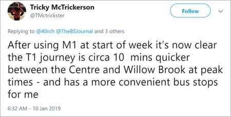 M1 MetroBus tweet by Tricky.