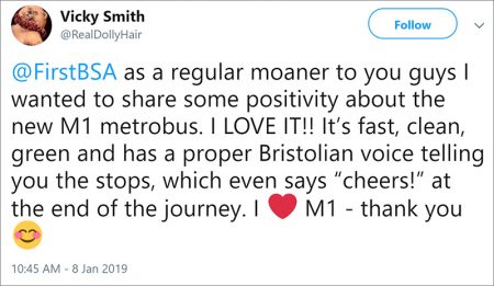 M1 MetroBus tweet by Vicky.