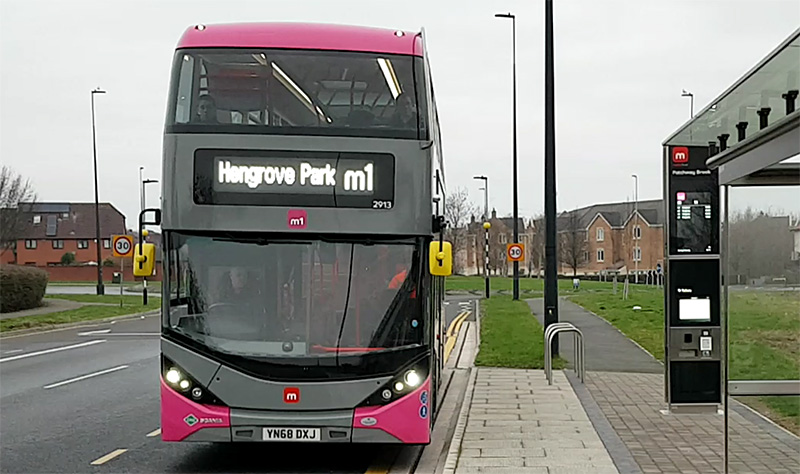 Photo of the very first timetabled M1 MetroBus to enter Bradley Stoke arriving at the Patchway Brook southbound stop.