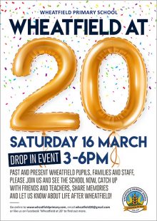 Poster advertising the 'Wheatfield at 20' drop-in event on Saturday 16th March.