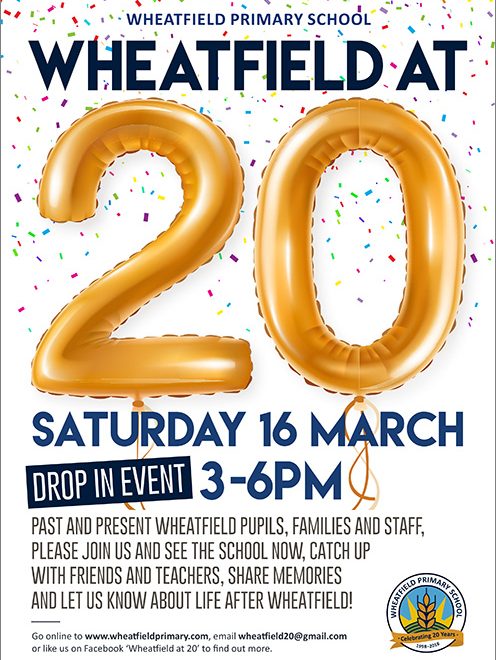 Poster advertising the 'Wheatfield at 20' drop-in event on Saturday 16th March.