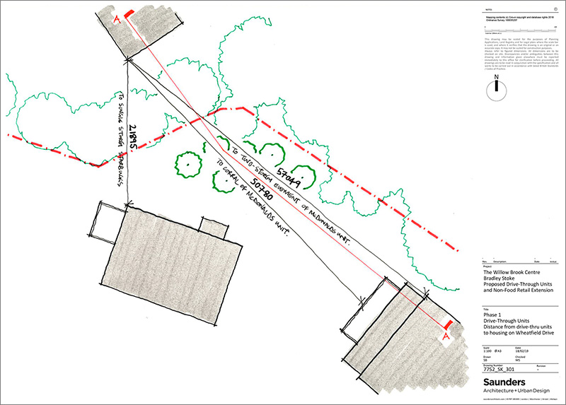 Annotated plan showing 'brick to brick' distances between the proposed McDonald's and Starbucks food units and the closest property in Wheatfield Drive.